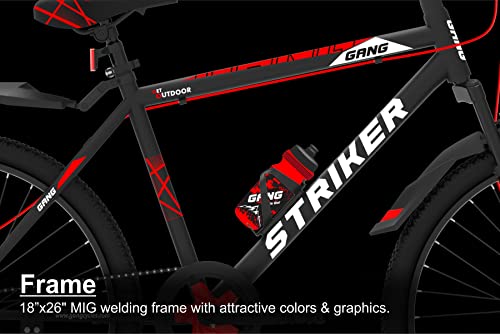 Image of GANG Striker Front-Suspension Dual Disc Brake Single Speed 26T (Frame Size : 18 Inches) Mountain Cycle (Matte Black, Red)