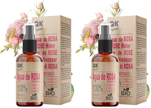 QKnatur - Agua de Rosas de Damasco Orgánica 100ml - Tónico facial 100% Puro y Natural - Rostro, Contorno de Ojos, Cuerpo, Cabello - Botella de Vidrio con Spray (Paquete de 2)