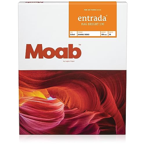 Moab Entrada Rag Bright 190, 100% Cotton Fine Art Archival Inkjet Paper, 2-Sided, Smooth (Hotpress) Bright White Matte, Medium Weight 190gsm, 8.5 x 11 Inches, 25 Sheets