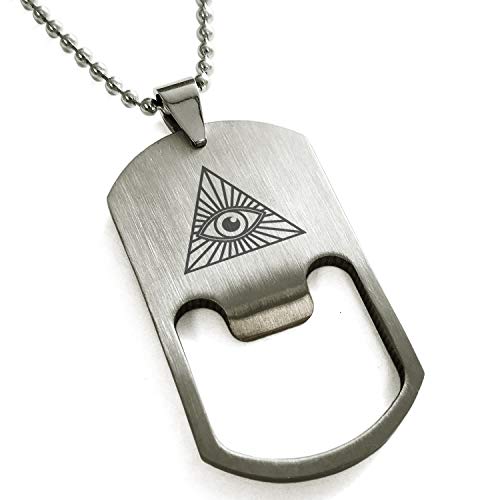 Stainless Steel All Seeing Eye Bottle Opener Dog Tag Pendant Necklace