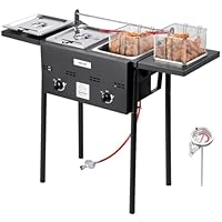 VEVOR Propan-Fritteuse Outdoor gewerbliche Fritteuse mit 2 Tanks (9 L x 2), Edelstahl-Kocher mit faltbarer Plattform & Doppelkorb & Wärmeregulierung, Standfritteusen für Restaurants Snackbars
