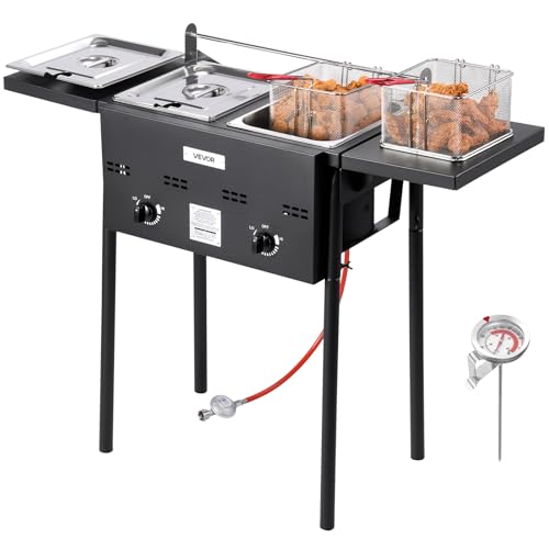 VEVOR Propan-Fritteuse Outdoor gewerbliche Fritteuse mit 2 Tanks (9 L x 2), Edelstahl-Kocher mit faltbarer Plattform & Doppelkorb & Wärmeregulierung, Standfritteusen für Restaurants Snackbars