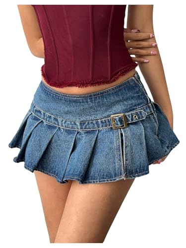 WDIRARA Women's Low Rise Pleated Mini Denim Skirt Y2k Buckle Jean Skirt