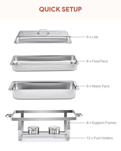 Wilprep Chafing Dishes Food Warmers with Pans Chafing Fuel Chafing Dish Set 9L Rectangular Stainless Steel Buffet Warmer 6 Packs for Buffets Caterings Parties Buffet Server Warming Tray