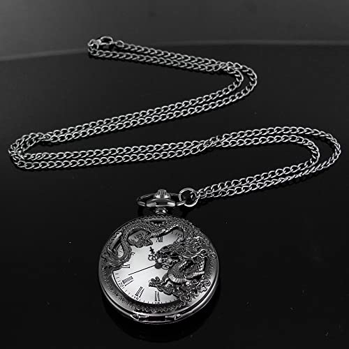 Image of Dragon Design Quartz Pocket Watch Roman Numerals with Chain Birthdays Gifts for Father's Days