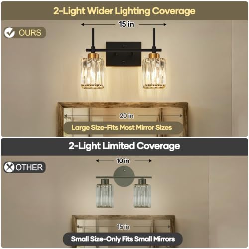 Image of Torondo Modern Crystal Bathroom Vanity Light 2-Lights Gold Bathroom Light Fixtures Over Mirror Black and Gold Vanity Lighting Fixtures Gold Square Shade Brass Wall Sconce (Bulbs Not Include)