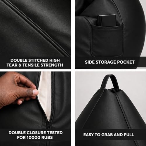 Image of 4XL Tear Drop Bean Bag with Footrest & Cushion | Premium Leatherette Bean Bag Cover | XXXXL Lounger Chair for Living Room | Without Beans | Upto 150 Kg (Black, XXXXL)