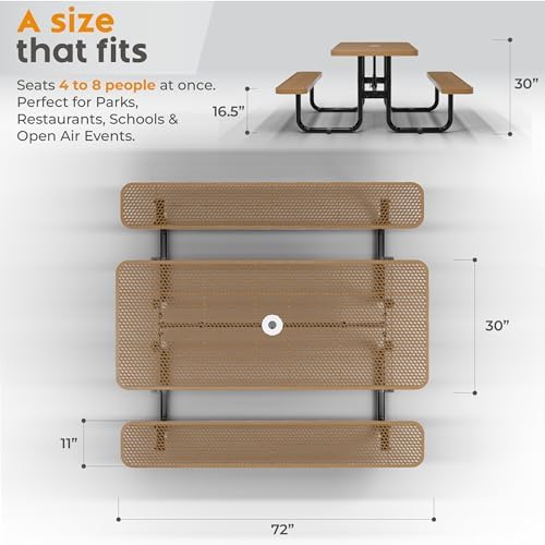 Commercial Heavy-Duty Metal Picnic Table - ADA Compliant, Adjustable Seats, Umbrella Hole, Expanded Metal (Brown, 6' Rectangular)