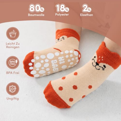 SockWaddles skarpetki dziecięce, 5 par oddychających skarpetek antypoślizgowych dla dzieci z ABS, skarpetki do raczkowania dla dzieci z bawełny, motyw lis, wiek 3-5 lata