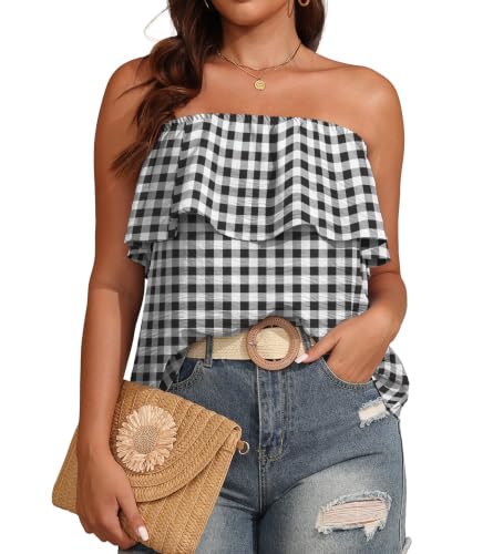 JINKESI Women's Ruffle Trim Tube Tops Casual Summer Backless Strapless Top Sleeveless Going Out Bandeau Tanks Shirt Black White S Plaid,Small