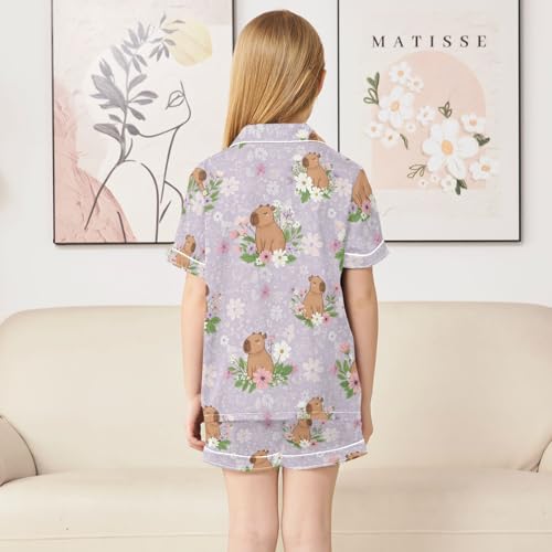Satin Pajama Sets Short Sleeve Cute Animals Among Flowers Button Down Silky Nightwear 2 Piece PJS 5-14Y4