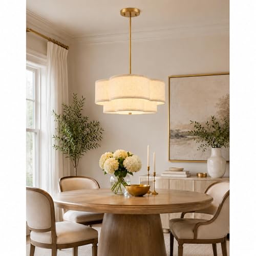 Image of 18 inch Chandelier, 3-Light Gold Pendant Light Fixtures with Dual Layer Linen Shade in Quatrefoil Shape, Double Drum Chandeliers for Dining Room Kitchen Living Room Bedroom, AD-22007-3P-GD-B