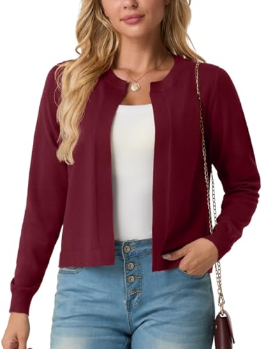 GRECERELLE Casual Women's Knit Cropped Cardigan Open Front Lightweight Long Sleeve Fashion Bolero Sweaters, Wine Red, L