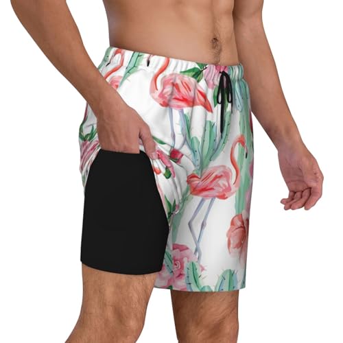 Men's Cactus Flamingo Rose Flowers Print Quick-Dry Mesh Swim Trunks Stretch Lining Beach Shorts Surfing Summer Vacations