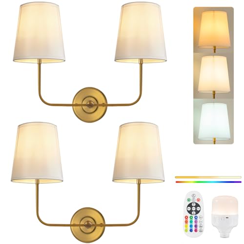 Image of PASSICA DECOR Battery Operated Wireless Wall Sconces Set of Two, Rechargeable Wall Lamps with Dimmable Remote Control,RGB Color, Wall Light for Bedroom Living Room