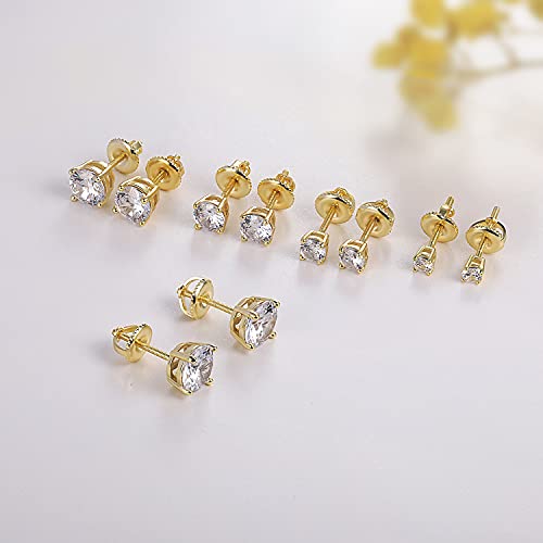 5 Pairs 18K Yellow Gold Plated Round Cut Clear Cubic Zirconia Stud Earring Pack With Screw Back Earring Set 3-7Mm #TOP2