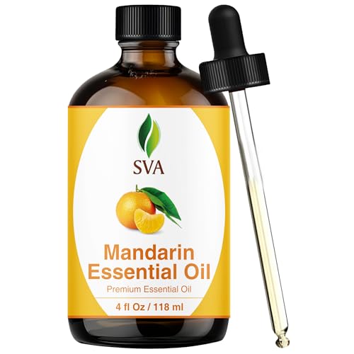 SVA Mandarin Essential Oil – 4 Fl Oz – 100% Natural Mandarin Oil - for Diffuser, Hair Care, Face, Skin Care, Aromatherapy, Scalp and Body Massage, Soap and Candle Making – with Dropper