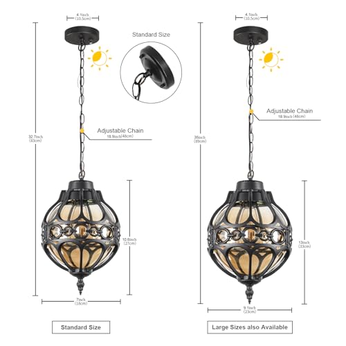 Dusk to Dawn Globe Outdoor Pendant Lights for Porch Garage, Black Round Aluminum Anti-Rust Hanging Lighting Fixture, Industrial Exterior Ceiling Lantern Light with Amber Glass, 2 Pack