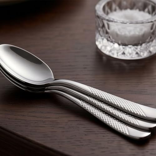 Image of Sterling Silver French Style Silverware | 5-Piece Hammered Dessert Spoon Set | Premium 18 /10 Stainless Steel Flatware | Elegant Cutlery for Home, Restaurants & Gifting