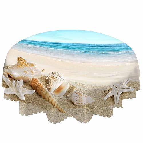 AOYEGO White Shells Round Tablecloth 60 Inch Ocean Tropical Beach Conch Starfish Sand Sky Sunny Summer Holiday Table Cloth Polyester Tablecloths for Home Decor, Parties, Picnic