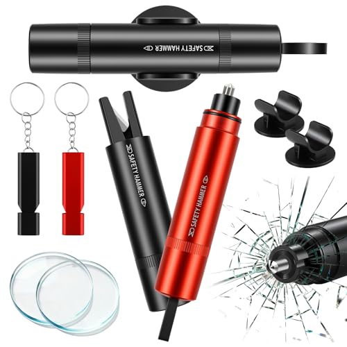 Wozzies 2 stycken 2-i-1 nödhammare skärare, 2 x biltryckhammare med, 2 x 2X testglas och visselpipa, aluminium, ABS och stål, lämplig för bil (svart + röd)