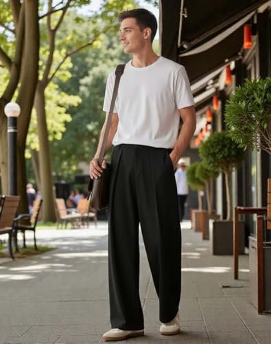 Image of KOTTY Men's Wide Leg Casual Style Korean Trousers with Relaxed Fit Tailoring Modern Structured Design for Professional Wear