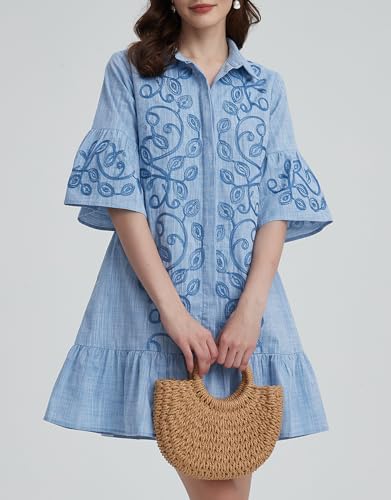 Kedera Women's Summer Button Down Shirt Embroidered Dress Ruffle Sleeve Shift Mini Dresses with Pockets2