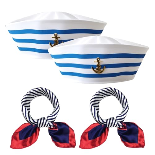 Kapitän Matrosen Kostüm Set – 2 Matrosenmützen + 2 Schals (Blau-Weiße Matrosen-Design) für Männer & Frauen, Kopfumfang 58cm Marine Outfit