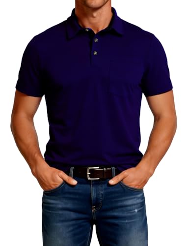 Umturmok Men'S Wrinkle-Free Pocket Golf Polo Shirts Short Sleeve Summer Casual Business Regular Fit Contrast Collared Shirts Quick Dry Upf 30+ Purple Navy L