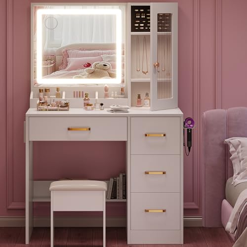 Dressing Table with Mirror and Stool: White Vanity Desk with Mirror and Drawers, Jewellery Storage, Vanity Dressing Table with LED-Lights, 3 Color Light, Brightness Adjustable Makeup-Desk for Bedroom