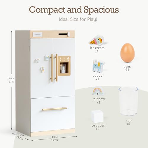 Wooden Play Kitchen Fridge with Ice Maker – Pretend Refrigerator for Kids & Toddlers, Play Refrigerator Appliance Toy for Ages 3+, Perfect Play Kitchen Fridge for Boys & Girls