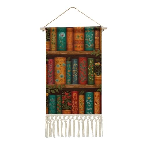 Jubonexis Arazzo da parete in lino, stravagante libreria con libri colorati, poster da parete vintage con nappe e asta in legno