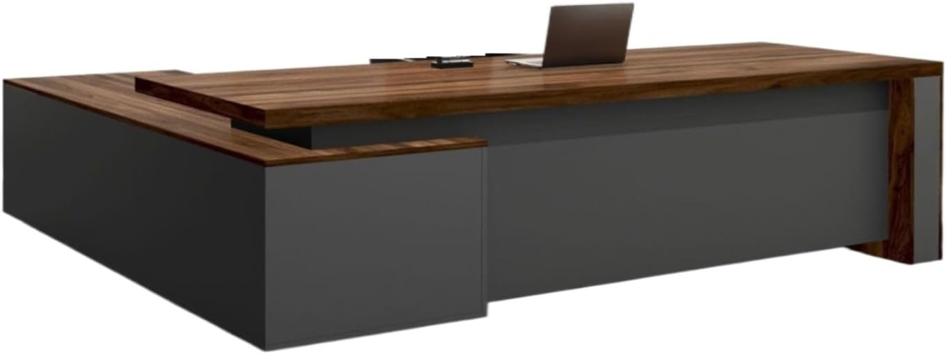 Executive L-Shaped Office Desk in Walnut - Quick Assembly Modern Home Office Desk with Lockable Storage Cabinets & Hidden Shelves(Credenza Left,84" x 72" x 30")