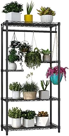 Xiofio 5-Tier Plant Stand for Indoor Outdoor, Large Multiple Flower Pot Holder Rack Tall Plant Stand ，Hanging Plant Stand ,Adjustable Plant Stand Suitable for Bedroom Living Room Balcony Garden,Black