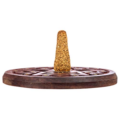 Pentagram Round Wooden Incense Burner - Handcrafted Incense Holder For Up To 15 Incense Sticks And 1 Incense Cone - Features Brass Plate And Brass Grommets - 5 Inches Wide #TOP4