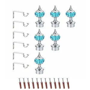 GLOXY Single Diamond Aluminum Curtain Brackets Parda Holders with Support Fittings Designer 1 Inch Rod Pocket Finials for Door & Window(Silver Mix Sky Blue,Pair of 3)