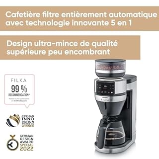SEVERIN Cafetière filtre automatique FILKA verseuse en verre, Cafetiere avec broyeur, Adapte la quantité d'eau à votre envie : mug, tasse, verseuse, KA 9694, Inox/Noir