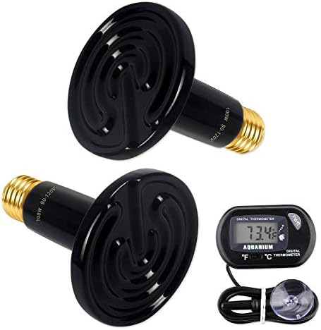 2-Pack 100W Ceramic Heat Lamp with 1-pcs Digital-Thermometer, Infrared Heat Emitter Bulbs for Reptiles, Amphibians, Chicken Brooder Coop Lizard Turtle Snake Aquarium, No Light No Harm, ETL Listed