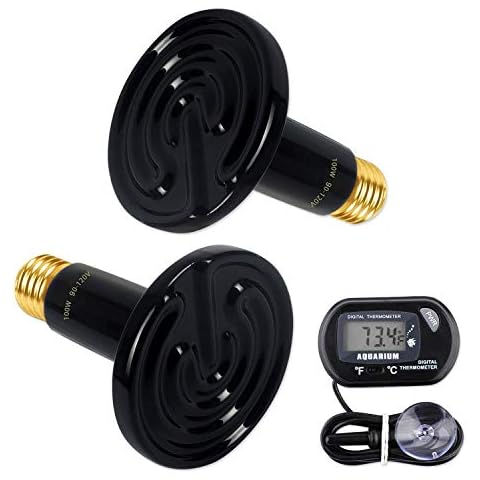 OMAYKEY 2-Pack 100W Ceramic Heat Lamp with 1-pcs Digital-Thermometer, Infrared Heat Emitter Bulbs for Reptiles, Amphibians, Chicken Brooder Coop Lizard Turtle Snake, No Light No Harm Cover