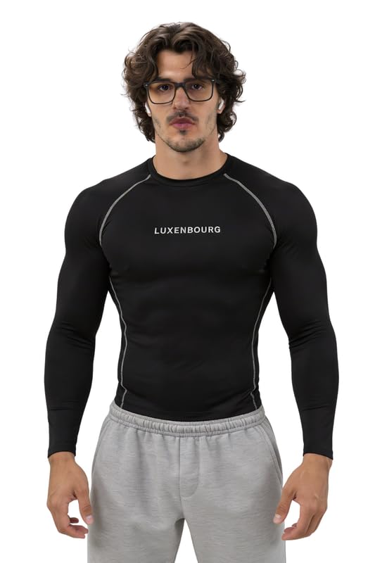luxenbourg Mens Gym Compression T-Shirt | Polyester Full Sleeve Sports Wear and Rash Guard for Training Workout and Athletic Activewear | Plain Black Printed Sleeve-picture-25