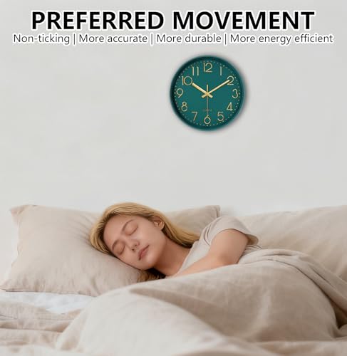 Image of Modern Silent Wall Clock, 12 Inch Wall Clocks Battery Operated Large Number, Non-Ticking Analog Clock with Tempered Glass Quartz Clocks for Living Room Bedroom Office Kitchen, Dark Green
