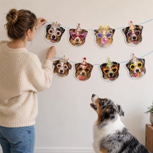Image of Australian Shepherd Birthday Banner, Aussie Dog Party Decorations Garland | 8 Unique Aussie Faces, Pre-Strung & Ready to Hang , Perfect Photo Backdrop, Great Dog Mom Gift
