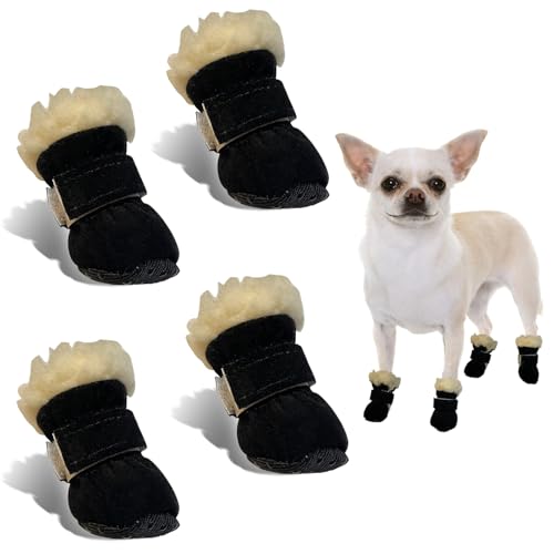 Scarpe per Cani Inverno, 4 Pezzi Stivali per Cane, Scarpe Antiscivolo per Cani, Stivali Neve Cane, Scarpette Cane Antiscivolo e Caldo, Adatto per Cani di Piccola, Mediae e Grande Taglia (Nero, S)