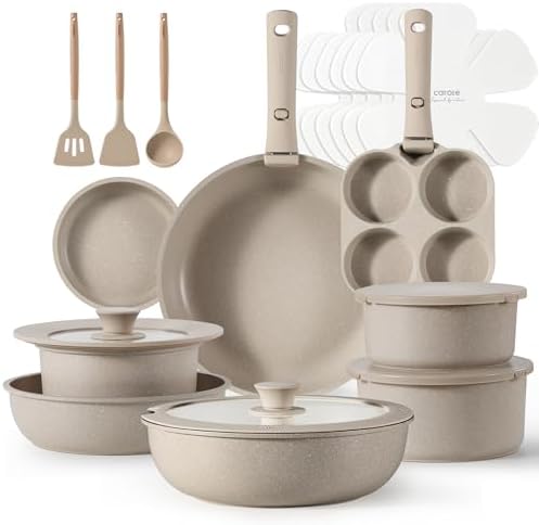 CAROTE 23pcs Detachable Handle Pots and Pans Set, Nonstick Cookware Set, Removable Handle Pots and Pans Non Stick, RV Oven Safe Cookware, Induction Kitchen Set, Taupe, Dishwasher Safe