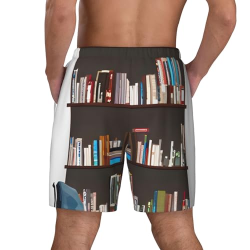 Library Bookcase Men's Soft Double Swim Shorts, Lounge Swiming Shorts Pants Breathable Summer4