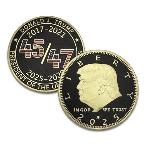 Image of President Donald Trump 45 47 2025 24kt Gold Challenge Coin, Trump Coin Collectors Souvenir, 45 & 47 with Red White & Blue Flag Plus 24kt Gold Plating, Large Size 45mm x 3mm Oval Office