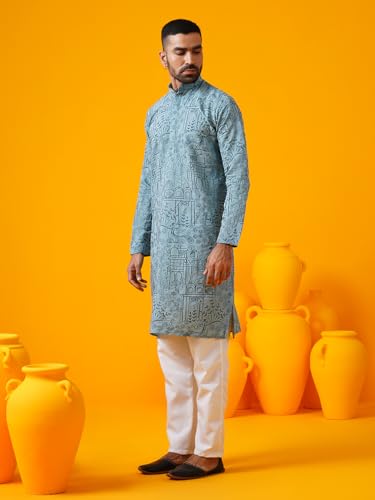 Sojanya (Since 1958 Men'S Cotton Silk Kantha Thread Embroidered Kurta With White Pyjama3
