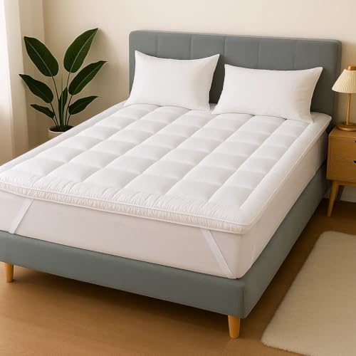 Gift Hub Mattress Topper Double Bed 10 cm | Soft & Fluffy Quilted Microfiber Mattress Protector | Firm, Foldable, Comfortable & Hypoallergenic Bed Topper with Elastic Straps | 137 x 190 x 10cm