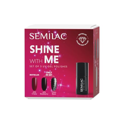 Semilac Shine With Me zestaw – 958 Jelly Blackberry, 959 Disco Black & 592 Jelly Cherry lakier do paznokci UV 7 ml – edycja limitowana, efekty Jelly & Flash