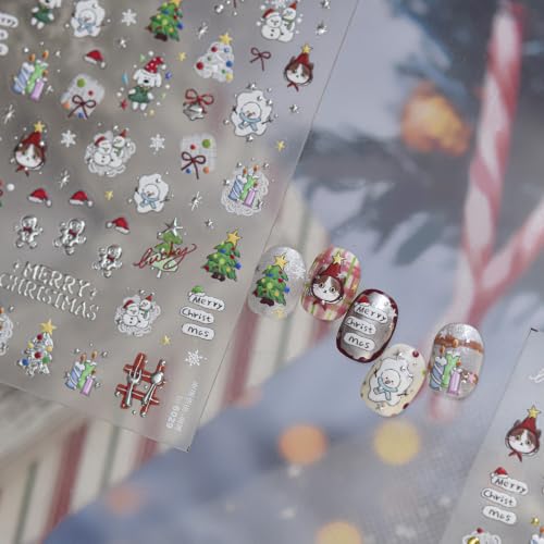 Image of Christmas Nail Stickers Decals Gingerbread Man Nail Art Stickers Design | Tree & Hat & Snowman Nail Decals for Nail Art 5D Embossed Self Adhesive Nail Charms for Women Holiday Nail DIY Decoration